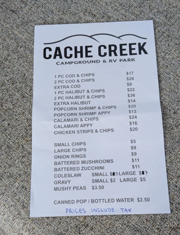 Cache Creek RV Site Menu